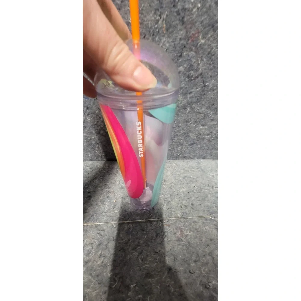 Starbucks Rainbow Swirl Cold Cup Tumbler With Dome Lid &‎ Orange Straw 24 Oz